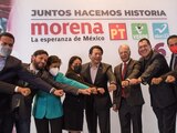 Los dirigentes del PVEM, Karen Castrejón (1); Morena, Mario Delgado (2), y Partido del Trabajo, Alberto Anaya (3), ayer.