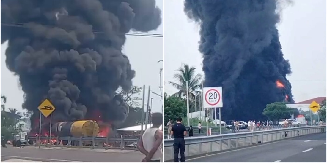Incendio tras accidente en la carretera Cárdenas-Coatzacoalcos.