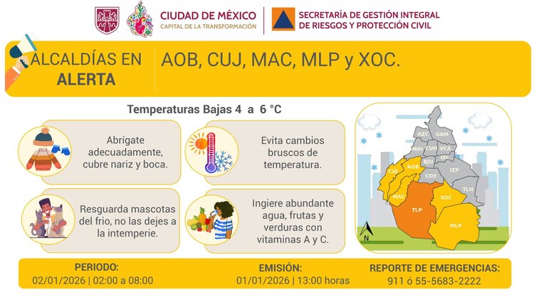Alcaldías de la CDMX con alerta amarilla por bajas temperaturas