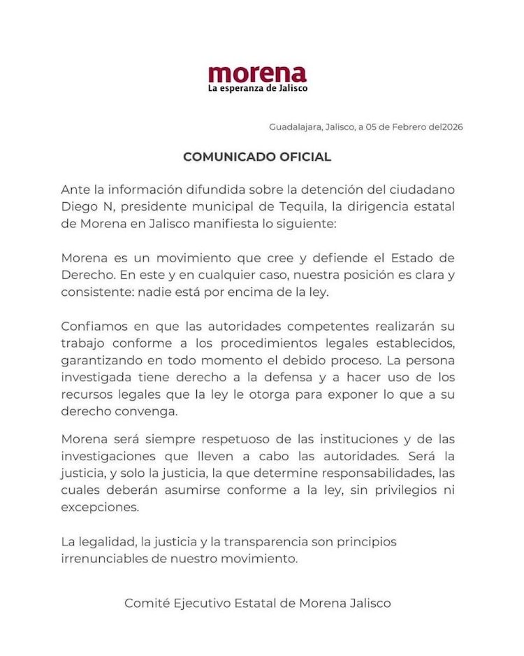 Comunicado de Morena sobre la detención de Diego "N"