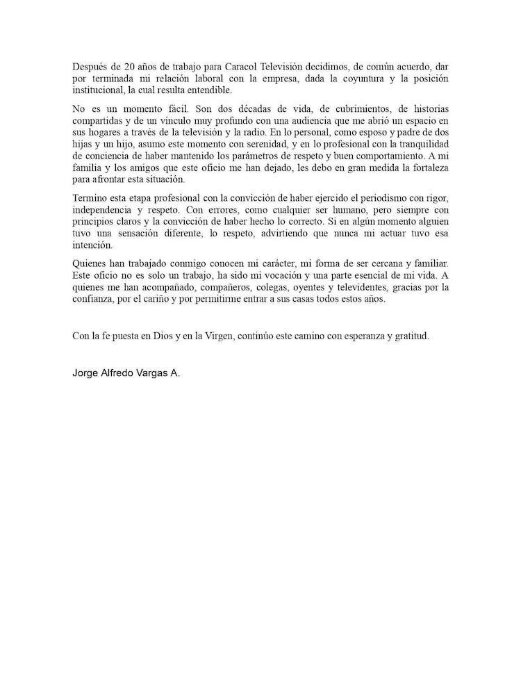 Comunicado de Jorge Alfredo Vargas