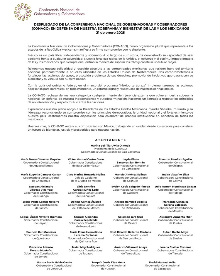 Comunicado de Conago, donde gobernadores respaldan a Sheinbaum por acciones ante tema migratorio.
