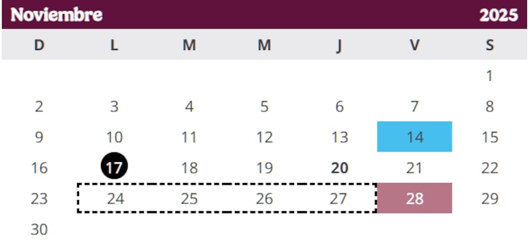 Calendario escolar de noviembre 2025.