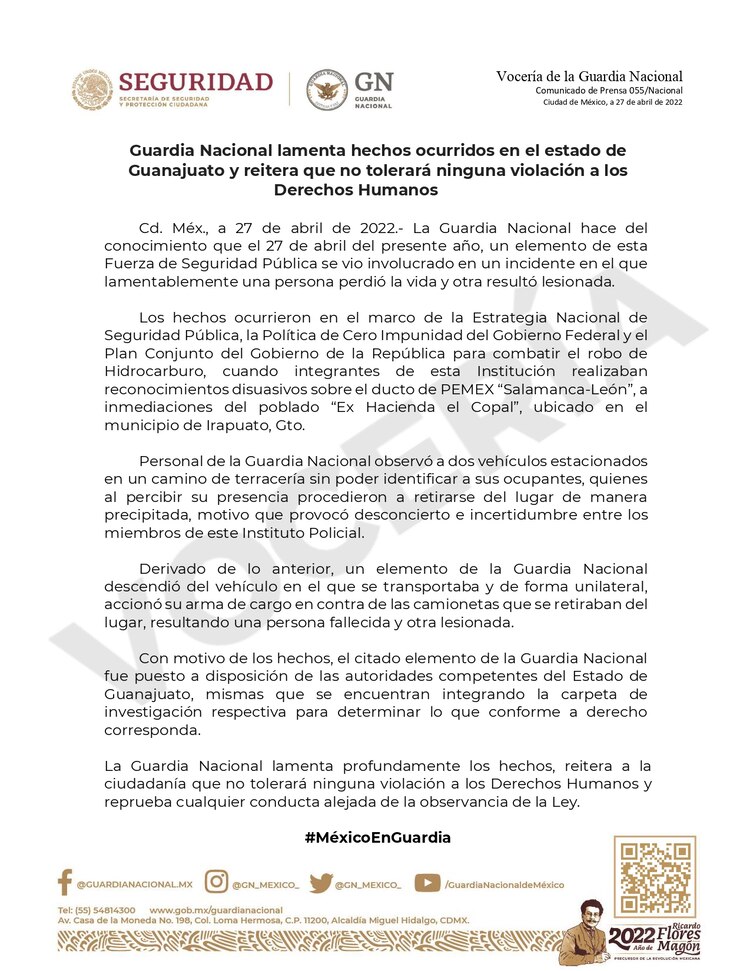 Comunicado de la Guardia Nacional sobre el hecho.