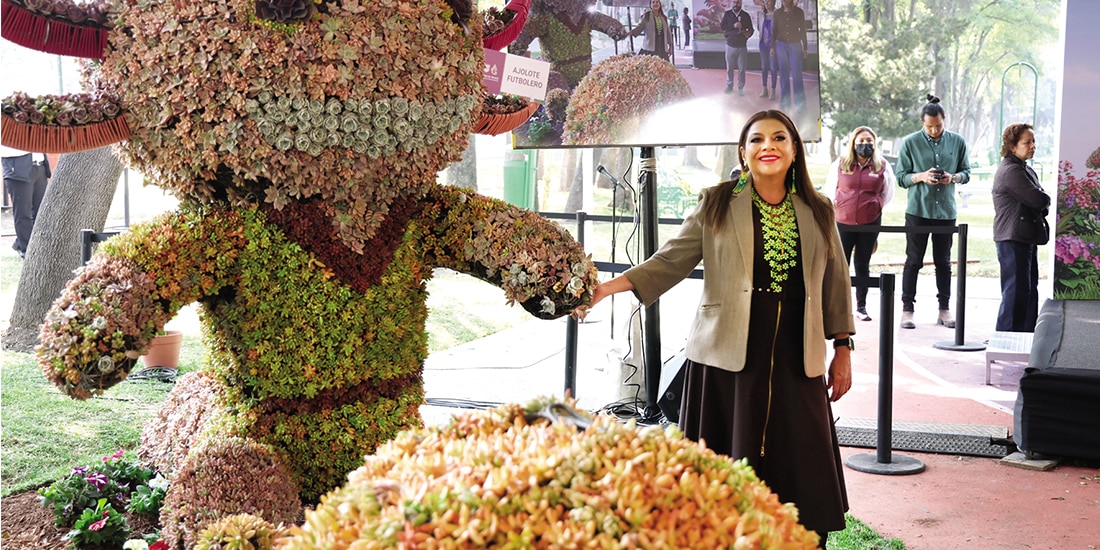 Clara Brugada con un ajolote futbolista de suculentas, ayer.