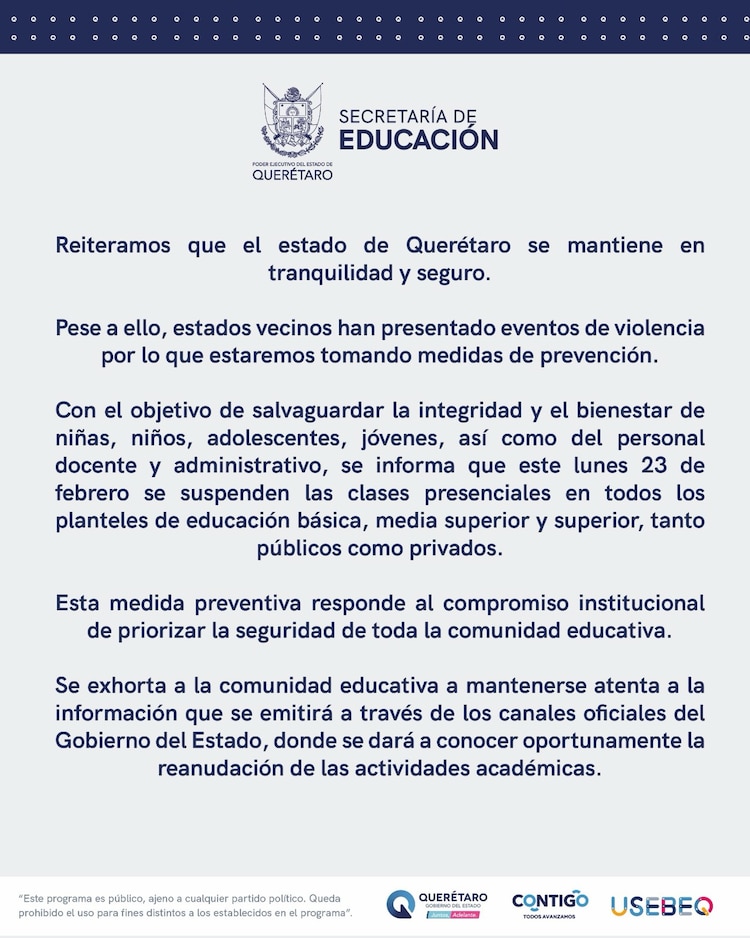 Comunicado de la Secretaría de Educación de Querétaro