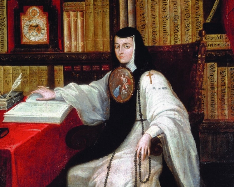 Miguel Cabrera, Retrato de Sor Juana Inés de la Cruz, óleo sobre tela, detalle, ca. 1750.