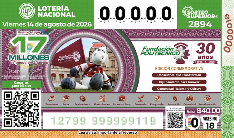 El billete del Sorteo Superior 2894 está dedicado al 30° aniversario de Fundación Politécnico.