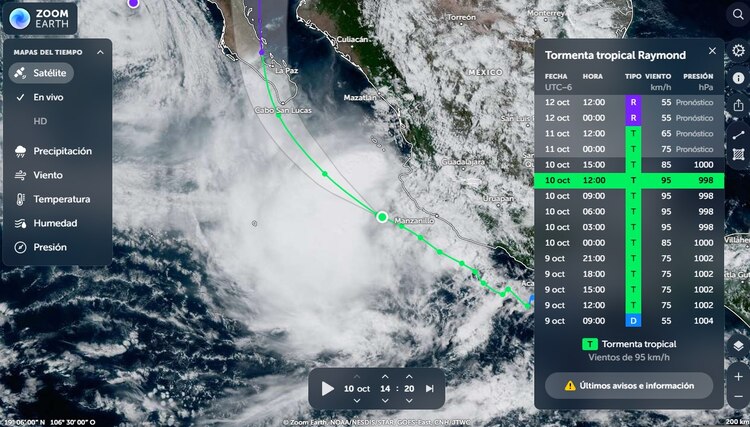 Así se ve el seguimiento EN VIVO de Raymond que ofrece Zoom Earth.