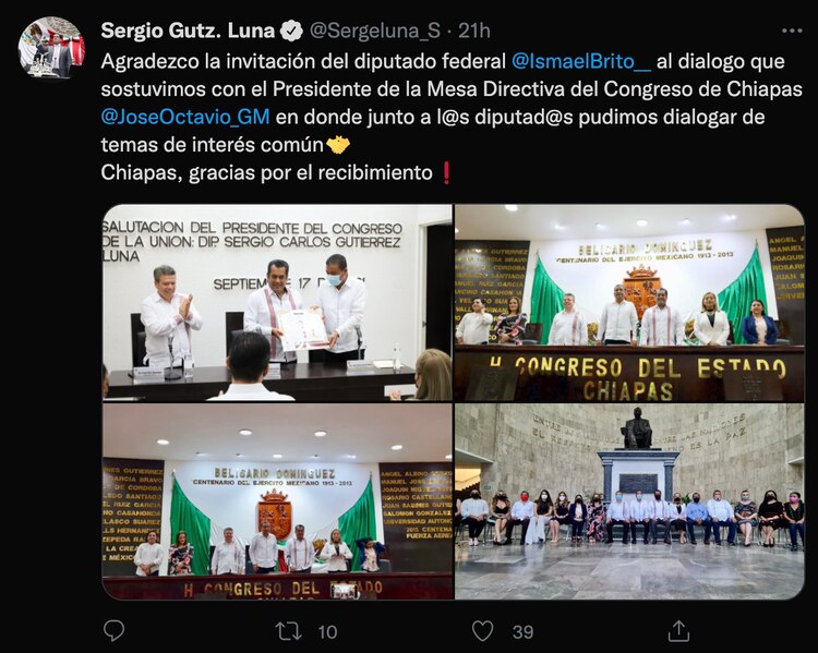 Mensaje publicado en la cuenta de Twitter de Sergio Gutiérrez Luna.