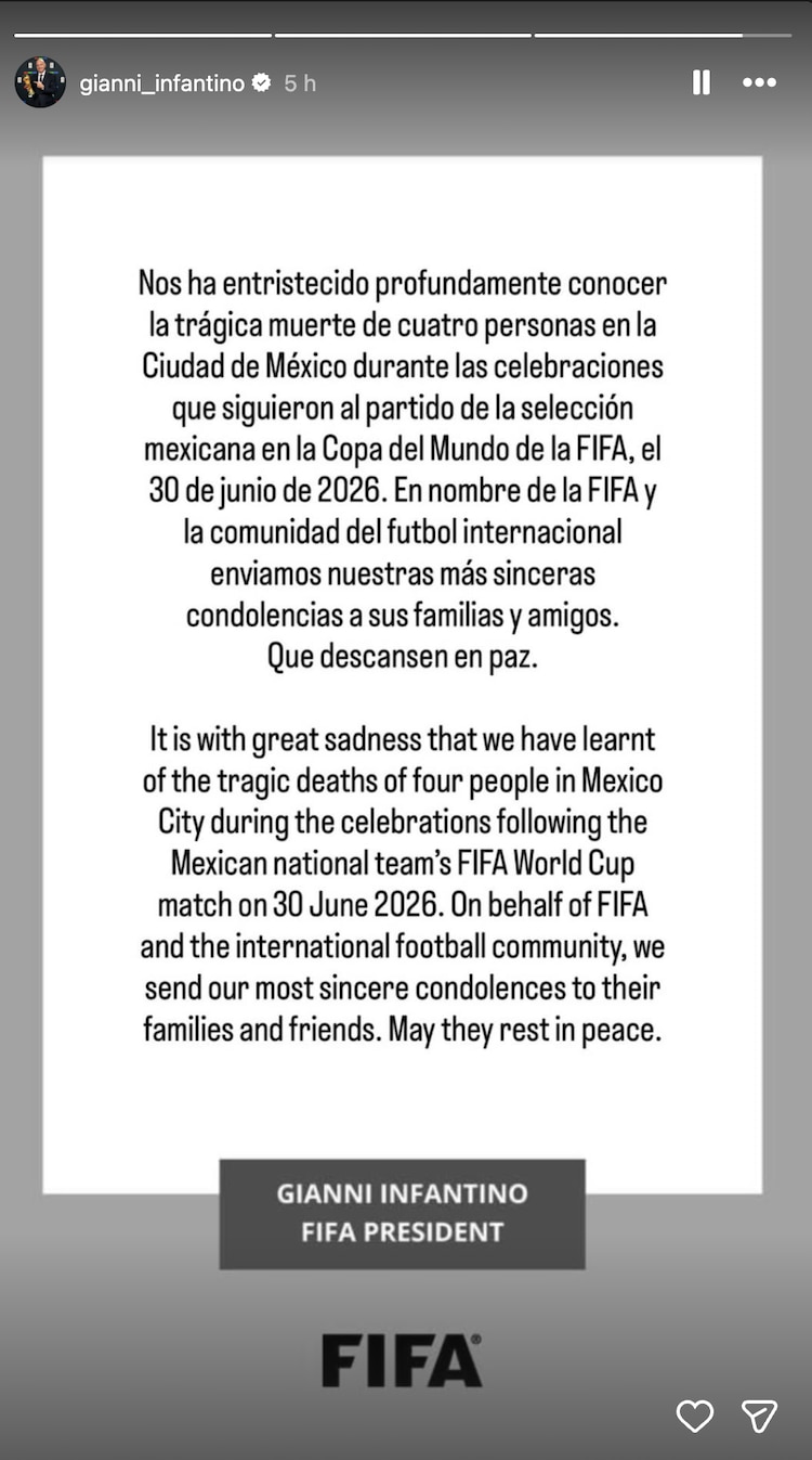 El mensaje de Gianni Infantino tras las cuatro muertes en los festejos del triunfo de México sobre Ecuador en el Mundial 2026.
