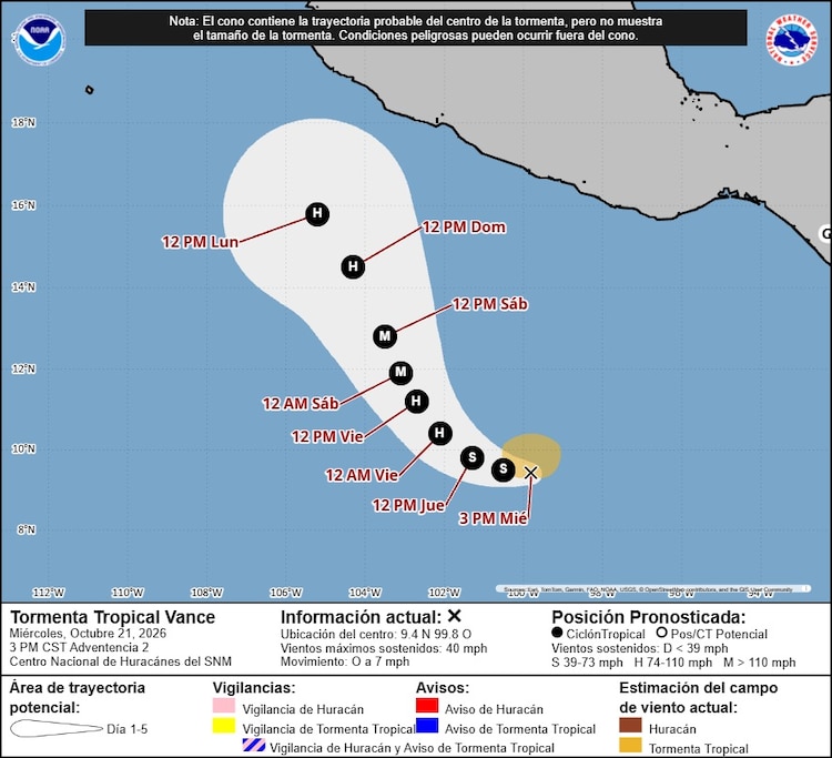 Pronóstico de la trayectoria del ciclón "Vance" en el océano Pacífico.