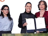 De izq. a der.: Violeta Vázquez, Claudia Sheinbaum, Rosaura Ruiz y Felipe Ávila, ayer.