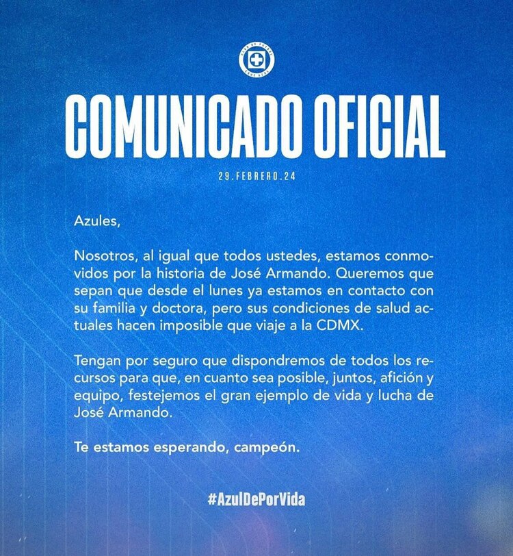 Comunicado del Club de Futbol Cruz Azul.