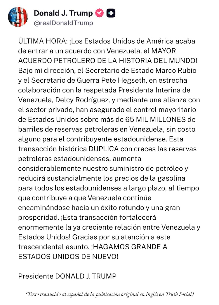 Donald Trump anunció el 28 de agosto de 2026 el acuerdo petrolero con Venezuela.