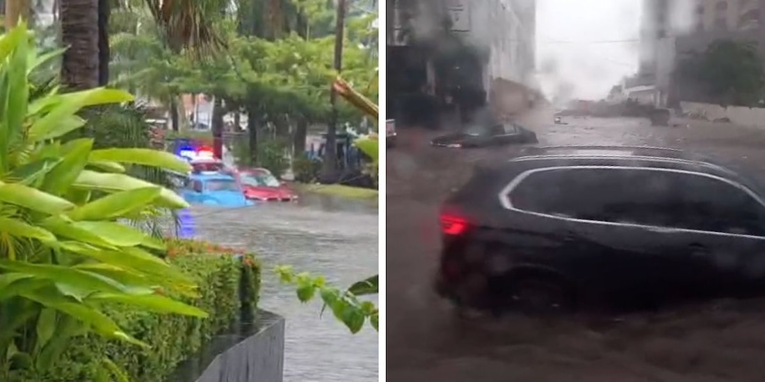 Inundaciones por fuertes lluvias en la Costera Miguel Alemán, en Acapulco, Guerrero, cubren vehículos.