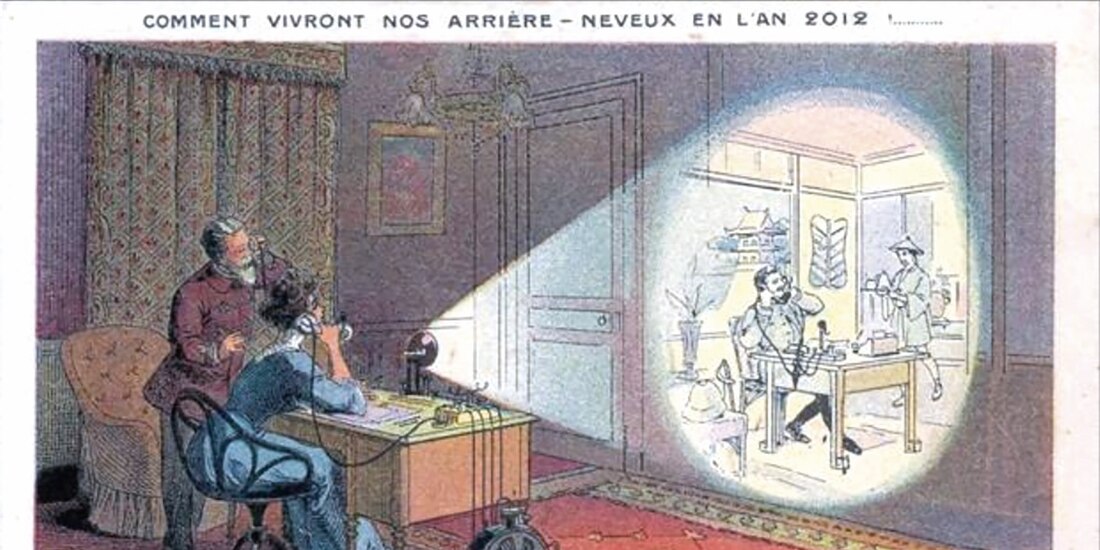 Cómo vivirán nuestros bisnietos en el año 2012, postal de Chocolates Lombard con telefonoscopio.