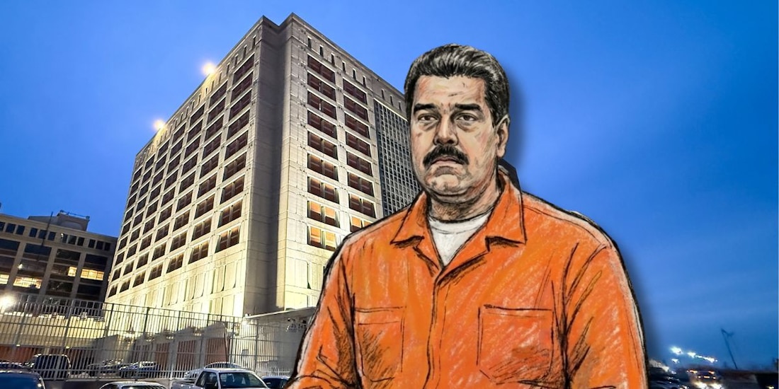 En imagen, una foto del Centro de Detención Metropolitano de Brooklyn (fondo) y una ilustración digital alusiva a cómo luciría Nicolás Maduro en un sketch judicial.