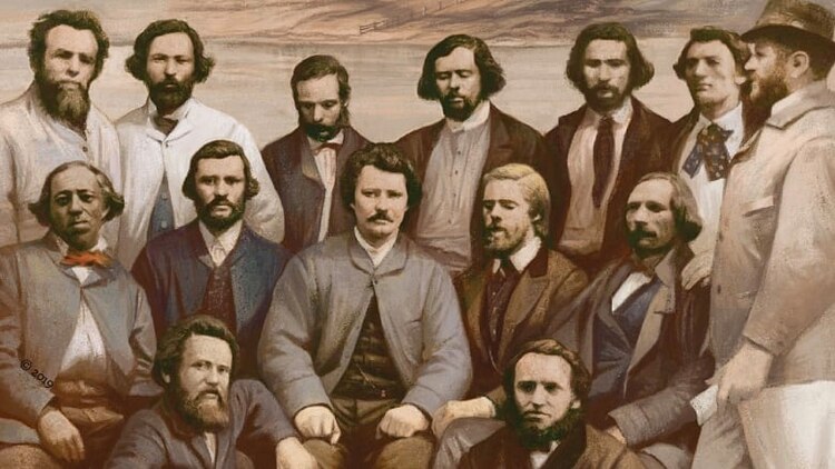 Timbre postal canadiense, a partir de una litografía de Gérard DuBois, basada en una foto de 1848: Louis Riel y su gobierno provisional.