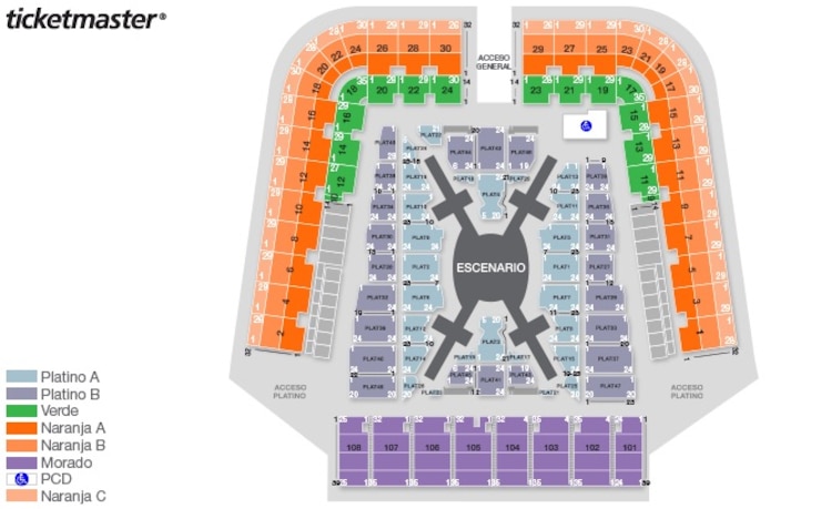 Mapa del escenario de BTS en el Estadio GNP con las divisiones por secciones