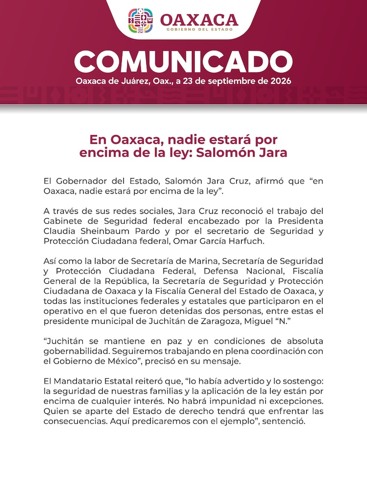 Comunicado del Gobierno de Oaxaca.