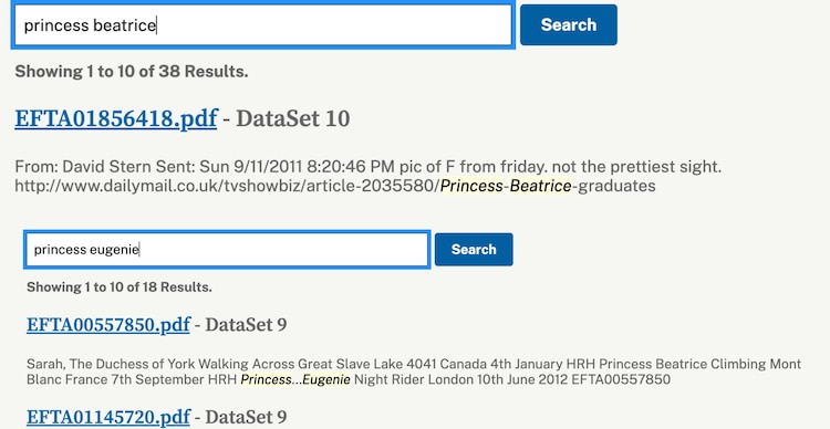 Menciones de las princesas en los archivos de Jeffrey Epstein