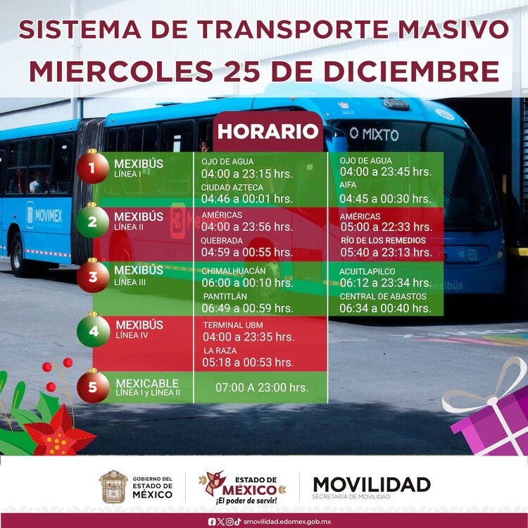 Estos serán los horarios del Mexibús este 25 de diciembre por Navidad.