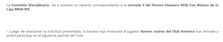 La Comisión Disciplinaria de la FMF le retiró la tarjeta roja a Ramón Juárez, defensa del América.
