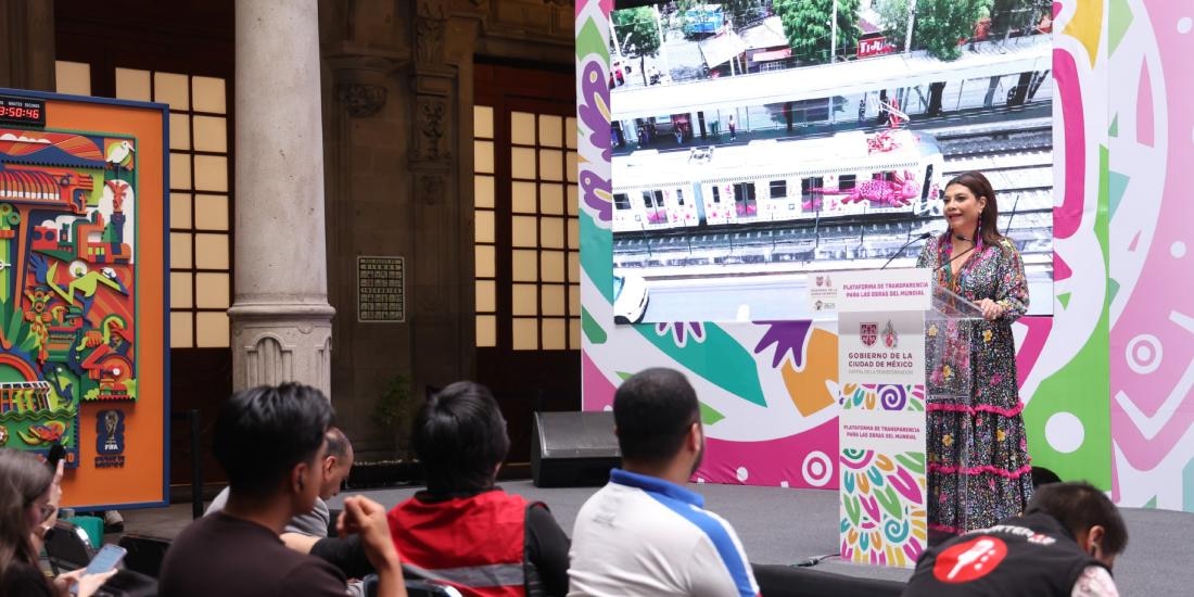 Clara Brugada presenta plataforma de transparencia para consultar las obras del Mundial 2026.