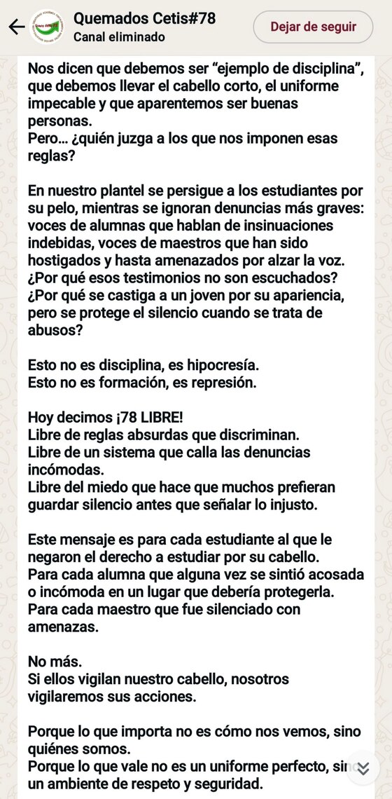 Mensaje sobre presunto acoso en el CETis 78