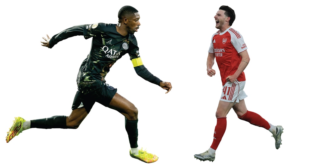 En la imagen, los futbolistas del PSG y del Arsenal, Ousamane Dembélé y Declan Rice