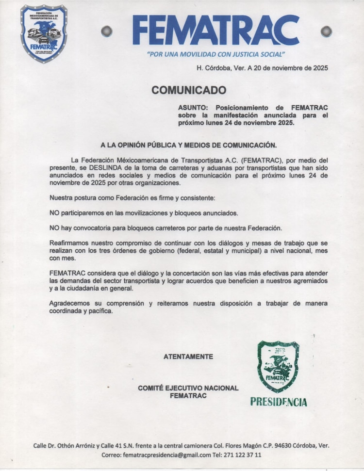 Transportistas se deslindan de movilizaciones este 24 de noviembre