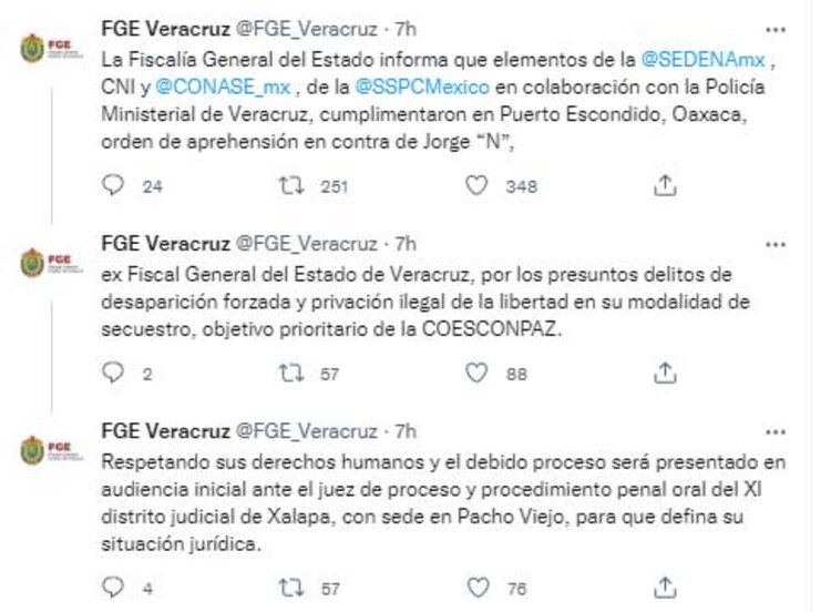 Los mensajes en Twitter de la Fiscalía de Veracruz tras la detención en Oaxaca de Jorge Winckler