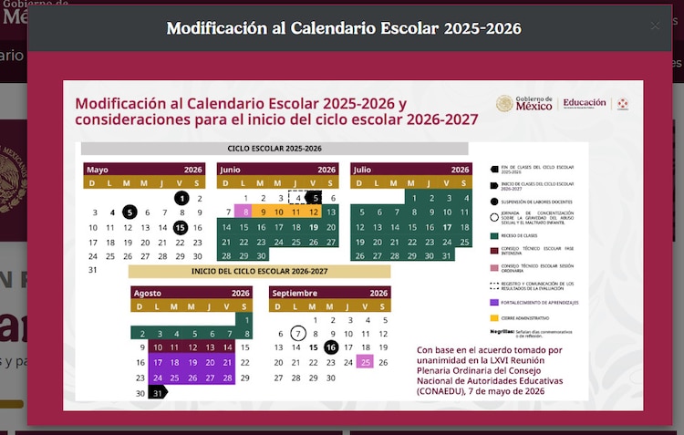 Modificación al calendario escolar 2025-2026 de la SEP.
