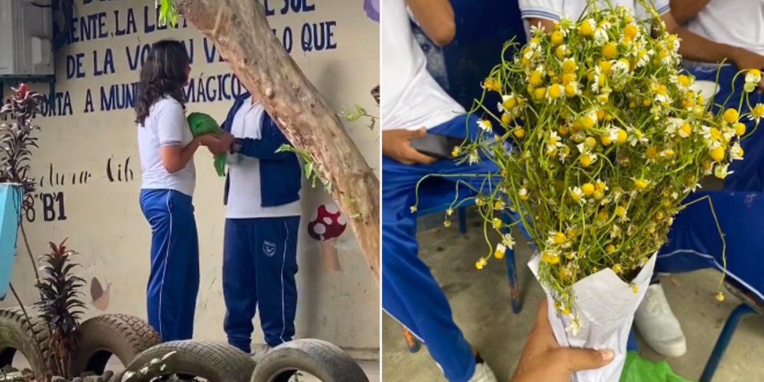 Joven recibe unas flores amarillas muy útiles para su cocina: un ramo de manzanilla.