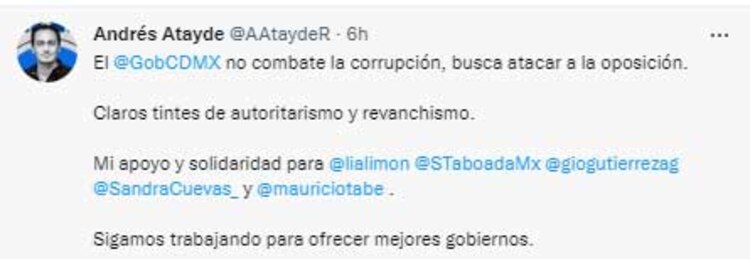 El respaldo de Andrés Atayde a Lía Limón por Twitter