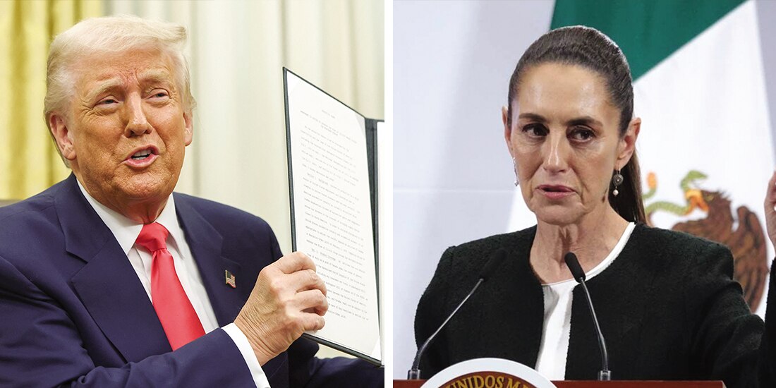 El presidente Trump, ayer, al firmar la orden ejecutiva en el Despacho Oval; la Presidenta Claudia Sheinbaum, ayer, en conferencia de prensa