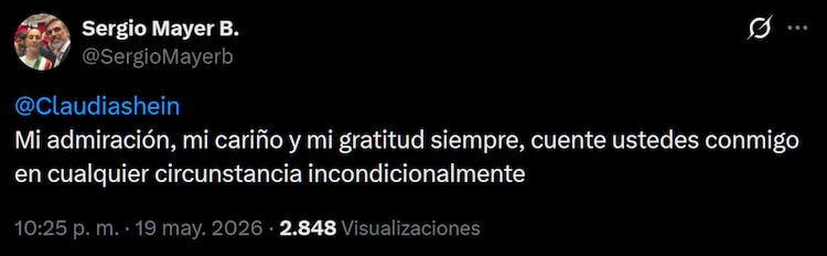 Sergio Mayer expresa su "gratitud" a Sheinbaum.