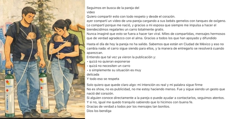 Publicación de la búsqueda de pareja que cargaba a bebés conectados a tanques de oxígeno