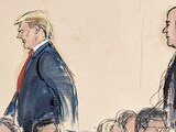Un boceto muestra el momento en que Trump, molesto, sale de la sala en el tribunal de Nueva York, ayer.