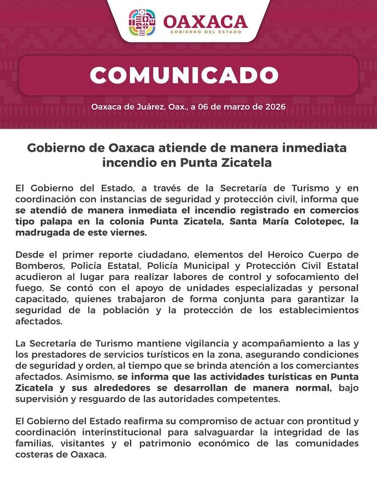 Comunicado del Gobierno de Oaxaca.