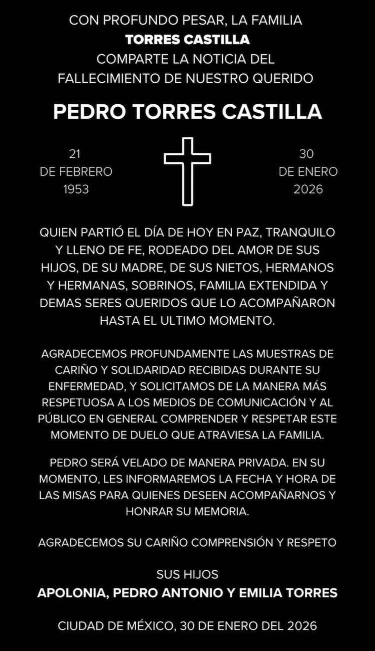 Comunicado de la muerte de Pedro Torres