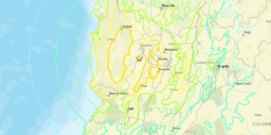 Mapa del epicentro del sismo en Colombia.