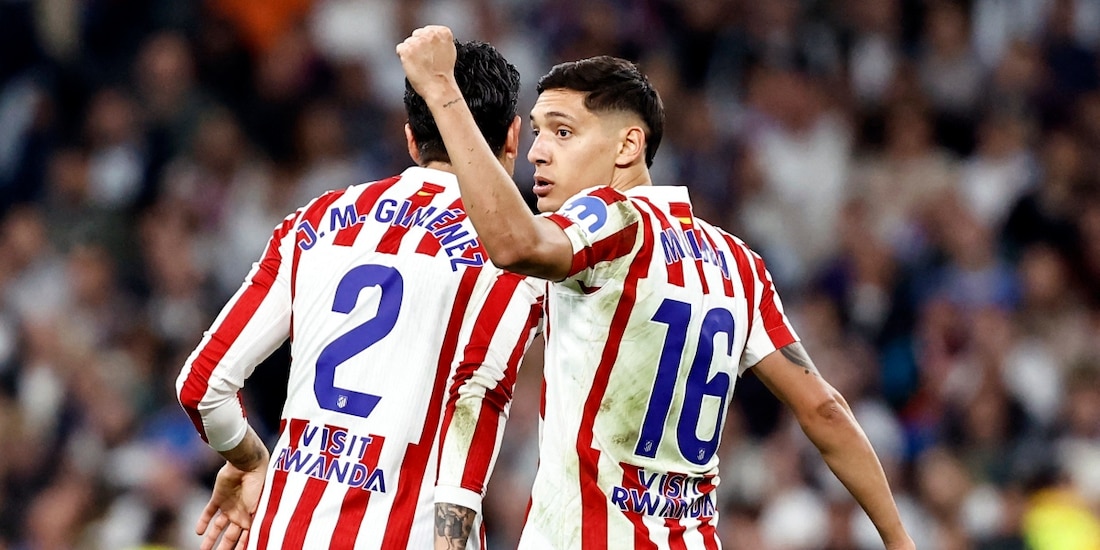 Nahuel Molina celebra su golazo en el derbi entre Atlético y Real Madrid.