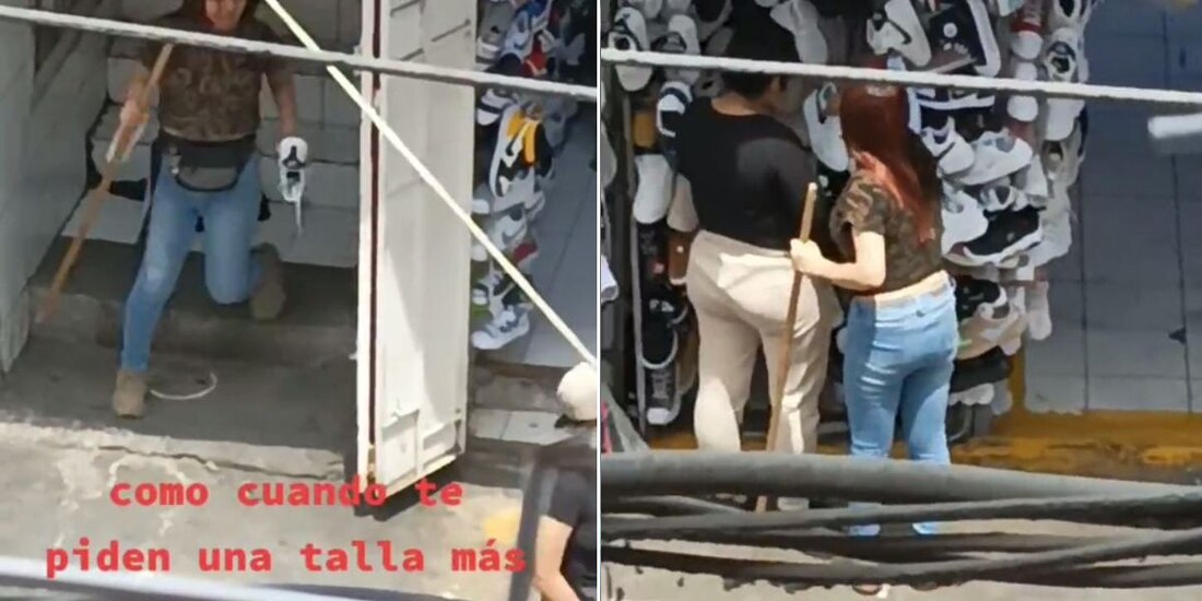 Vendedora agranda tenis con un palo para que le queden a clienta (VIDEO)