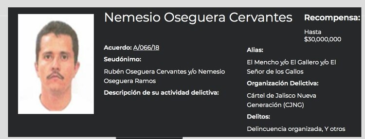 Importante recompensa de la FGR por información que ayude a localizar a El Mencho