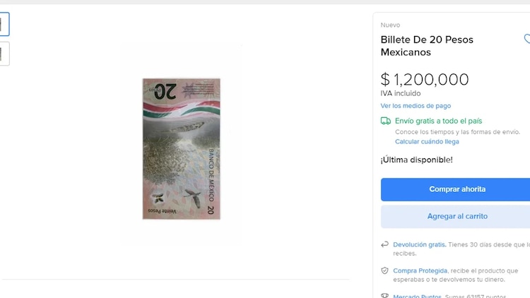 El billete de 20 pesos se vende hasta en un millón de pesos.