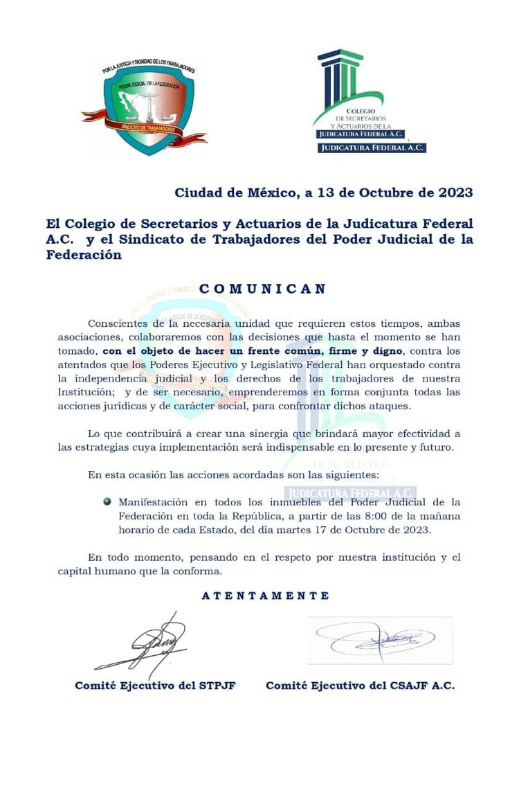 Comunicado emitido por trabajadores del Poder Judicial.