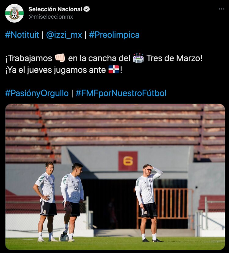 Jugadores del Tricolor Sub 23 durante un entrenamiento previo a su partido contra República Dominicana.