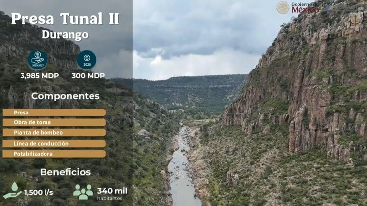 La Presa El Tunal II tendrá una capacidad de almacenamiento de 126 millones de metros cúbicos y 98 metros de altura.